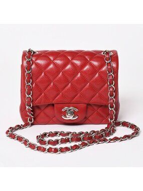 Chanel Mini Quilted 16 Chain Shoulder Bag Caviar Leather Red Silver